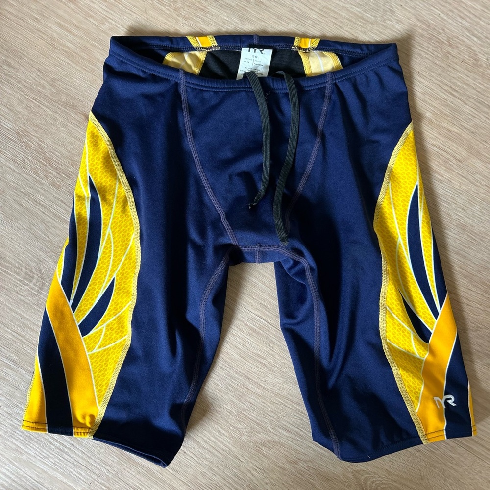 TYR Swim Jammer Splice Phoenix Navy Blue Gold Yellow 30 EUC